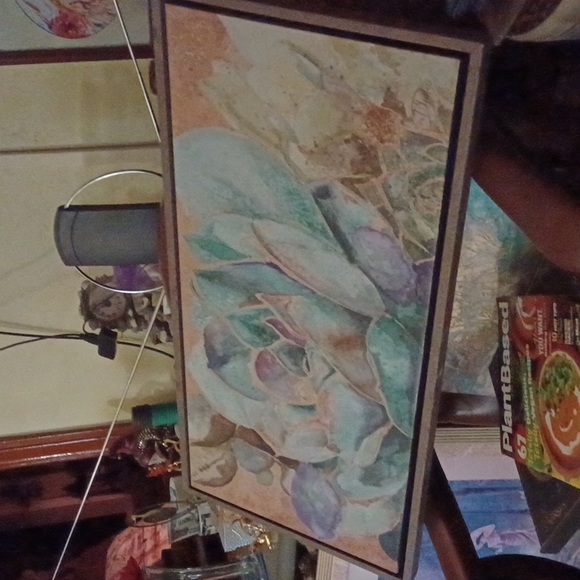 Gorgeous large aqua acrylic floral painting, framed - Picture 2 of 4